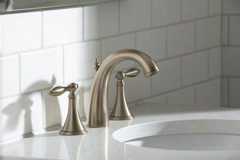 10 Essentials for a Brushed Nickel Bathroom Silver Bathroom Fixtures, Bathroom Fixtures Brushed Nickel, Faucet Finishes, Kohler Bathroom Faucet, Black Faucet Bathroom, Traditional Faucet, Kitchen Splashback Tiles, Bathroom Faucets Brushed Nickel, Kohler Toilet