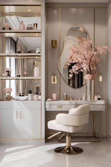 Dream Dressing Room Makeup Vanities, Closet With Makeup Vanity Luxe, Makeup Desk Luxury, Mansion Makeup Room, Vanity Ideas Bedroom Modern Luxury Pink, Woman’s Makeup Vanity, Luxury Vanity, Dressing Room Decor, Bedroom Door Design