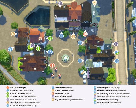 The Windenburg Old Town Square (CC-free) Hi ! ♥ I’m proud to finally share my makeover of the Windenburg old town square ! We have a total of three cc-free furnished lots + one room (cc-free but marked as modded) containing custom photographs (more info below). Thank you so so much for all of your lovely and encouraging feedbacks about my WIP pictures and thank you for your patience ♥ 📷 Click here to see all the pictures Lot types : Café (default) / Library / Museum / ... Sims 4 Town Square, Sims 4 Town Makeover, Sims 4 Town Houses, Windenburg Sims 4, Sims 4 Windenburg, Ts4 Lots, Sims Inspiration, Old Libraries, Sims Houses