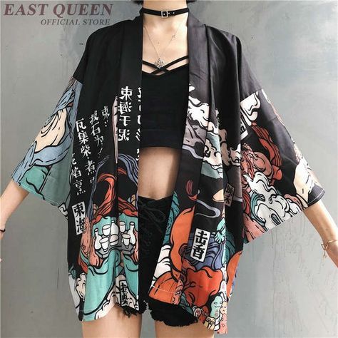 Tienda Online Kimonos mujer 2019 kimono japonés cardigan cosplay camisa blusa para mujeres japonés yukata mujer verano playa kimono FF1126 | AliExpress móvil Vestiti Edgy, Loose Kimono, Chique Outfit, Island Outfit, Kawaii Shirts, Beach Kimono, Mode Kpop, Japanese Streetwear, Ținută Casual