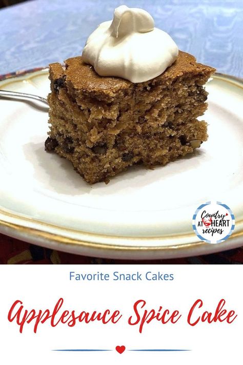 Applesauce Spice Cake reminds me of the little boxes of snack cake mix my mom used to buy when I was a girl. Dense, spicy, cake sweetened with cinnamon applesauce. Yum! #applesaucespicecake #snackcakes #cakes #desserts #cakeswithoutfrosting #applesauce #cinnamon #raisins #englishwalnuts #spices #vintagerecipes #countryatheartrecipes https://countryatheartrecipes.com/2017/08/applesauce-spice-cake/ Snack Cake Recipes, Cake Mix From Scratch, Spicy Cake, Applesauce Spice Cake, Snack Cake Recipe, Spiced Applesauce, Cinnamon Applesauce, Raisin Cake, Fall Recipes Pumpkin