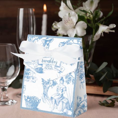 $3.30 | Blue and White Toile de Jouy Bridal Shower #wedding, bridal shower, thank you, bachelorette, party, french toile de jouy, classic blue and white, favor box, chinoiserie, hen Girly Picnic, Italian Baby Showers, Blue And White Toile, French Blue Wedding, Bridal Shower Favor, Blue Toile, Stationery Inspiration, Wedding Favor Boxes, Bachelorette Party Favors