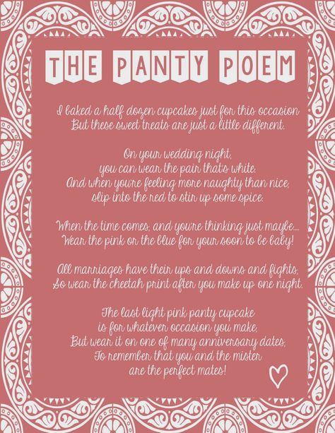 The Panty Cupcake Poem. Free Printable. Bachelorette Party Gift Idea. www.beautyandthebattle.blogspot.com Lingerie Shower Gift, Bachelorette Lingerie Party, Bridal Lingerie Shower, Lingerie Bachelorette, Poem Template, Panty Party, Template Free Printable, Cupcake Gift, Beauty Party