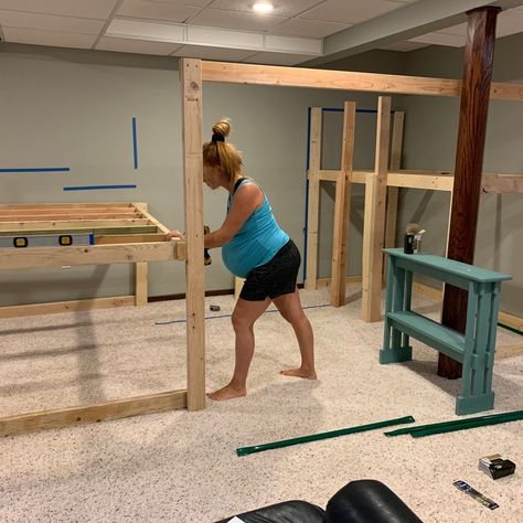 Basement Loft Ideas, Basement Climbing Gym, Diy Indoor Jungle Gym, At Home Indoor Playground, Indoor Playroom Diy, Diy Indoor Jungle Gym For Kids, Indoor Slide Playroom, Diy Climbing Frame, Diy Indoor Play Gym