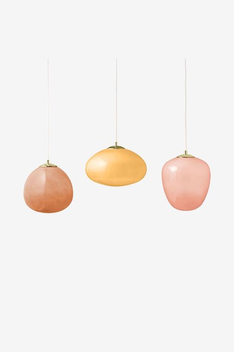 MADE.COM Pink Adrianne Linear Pendant Light Pink Pendant Light, Apartment Lighting, Lights Over Kitchen Island, Linear Pendant Light, Statement Lighting, Brass Pendant Light, Coloured Glass, Linear Pendant, Brass Accents