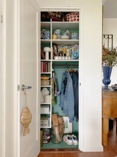 Storage solutions for small spaces. Make the most of your front closet by adding lots of shelving. Hall Closet Shelving Ideas, Entryway Closet Organization, Entry Closet Organization, Coat Closet Storage, Hall Closet Organization, Narrow Closet Design, Organized Entryway, Front Hall Closet, Closet Features