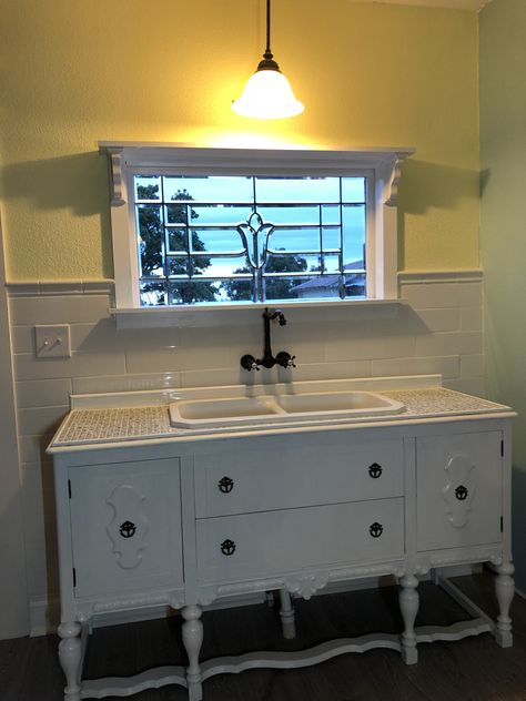 Buffet turned into a kitchen sink. Antique Dresser Kitchen Sink, Furniture Turned Into Kitchen Cabinets, Kitchen Sink Table, Dresser To Kitchen Sink, Kitchen Sink Furniture Cabinet, Kitchen Sink Dresser, Upcycled Kitchen Sink Cabinet, Buffet Turned Into Kitchen Sink, Dresser As Kitchen Sink Base