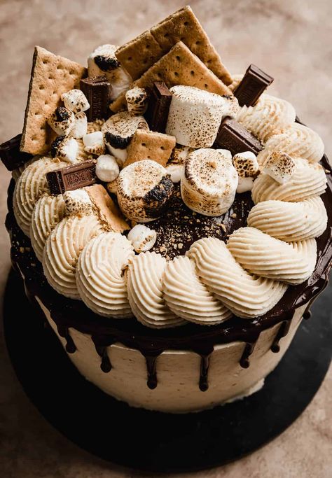 S’mores Bundt Cake, Marshmallow Chocolate Cake, Fire Pit Cake, S’mores Cake Birthday, S’more Cake Recipe, S’mores Sheet Cake, Smore Cake Recipe, Gourmet Cake Ideas, Smores Layer Cake