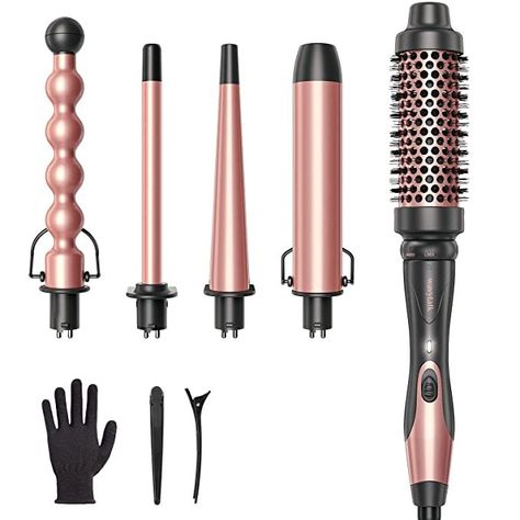 Curling Wand Set with Curling Brush and 4 Interchangeable Ceramic Curling Wand(0.5”-1.25”),Instant Heat Up,Include Heat Protective Glove & 2 Clips Wand Curling Iron, Using A Curling Wand, Curling Wand Set, Bday Wishlist, Curling Brush, Hair Crimper, Messy Curls, Hair Waver, Curling Iron Hairstyles