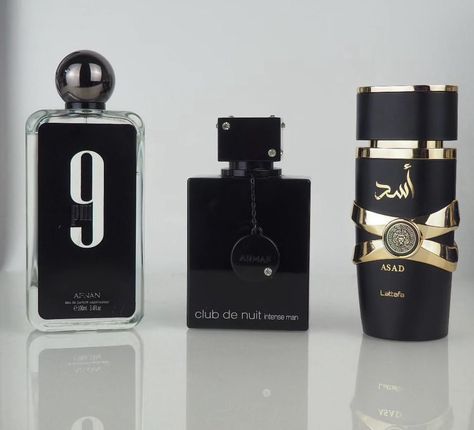 Pick one of these three amazing, affordable middle-eastern fragrances! On the left we have 9pm by afnan which is sweet, a bit fruity but also fresh. It's a great scent for teenagers or a night out. In the middle is Club de Nuit Intense Man which smells citrusy and fresh with a smokey-woody base. And last but not least on the right is Asad by Lattafa which is long lasting mix of pineapple in the opening which goes a very long way ✌️ Dm to shop 🛍️ Available to order Price ranging fro... 9pm Perfume, Afnan 9pm, Afnan Perfumes, Fragrance Business, Perfume Business, Parfum Collection, Fragrances Perfume Woman, Tropical Scent, Perfume Collection Fragrance