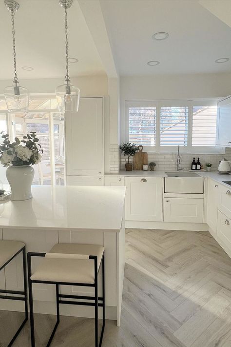 White Kitchen with grey herringbone flooring White Kitchen Flooring, Grey Parquet Flooring, White Kitchen Flooring Ideas, Kitchen Ideas White, Engineered Parquet Flooring, White Kitchen Floor, Kitchen Flooring Ideas, Monochrome Kitchen, Direct Wood Flooring