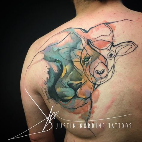 Lion of Judah and the Lamb of God. @therawcanvas #justinnordinetattoos #watercolortattoodesign #watercolor Lamb Tattoo, Lion And The Lamb, Lion Lamb, The Lamb Of God, Tattoo Lion, Tattoo Watercolor, Animal Lion, New Tattoo Designs, God Tattoos