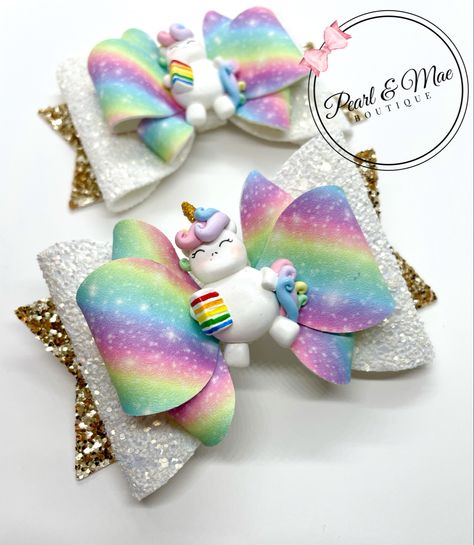 Unicorn And Rainbow, Handmade Hair Bows, Boutique Bows, Rainbow Cake, Handmade Bows, Girl Mom, Hair Bows, Faux Leather, Hair Accessories