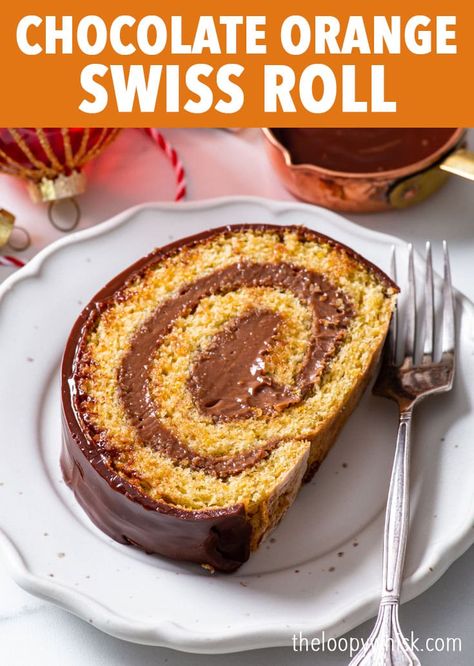 Chocolate Orange Swiss Roll - This stunning gluten free chocolate orange Swiss roll combines a soft, fluffy orange sponge with a rich chocolate orange pastry cream filling and a glossy dark chocolate ganache glaze. It’s packed full of flavour and really easy to make, and even though it’s gluten free, it rolls like a dream to give a perfect swirl without any cracking whatsoever. Christmas dessert. Christmas cake. Christmas recipes. Gluten free cake roll. Gluten free dessert. Gluten free recipes. Chocolate Orange Swiss Roll, Sponge Cake Roll Recipe, Orange Swiss Roll, Orange Pastry, Ganache Glaze, Dessert Gluten Free, Chocolate Ganache Glaze, Chocolate Swiss Roll, Dessert Christmas