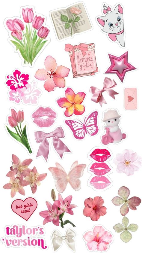 Pink Journal Design Ideas, Pink Aesthetic Clipart, Coquette Scrapbook Design Ideas, Asthetic Picture Sticker, Pink Journal Aesthetic Stickers, Making Flower Stickers, Aesthetic Scrapbook Ideas Pink, Aesthetic Design For Scrapbook Pink, Cute Sticker Collage