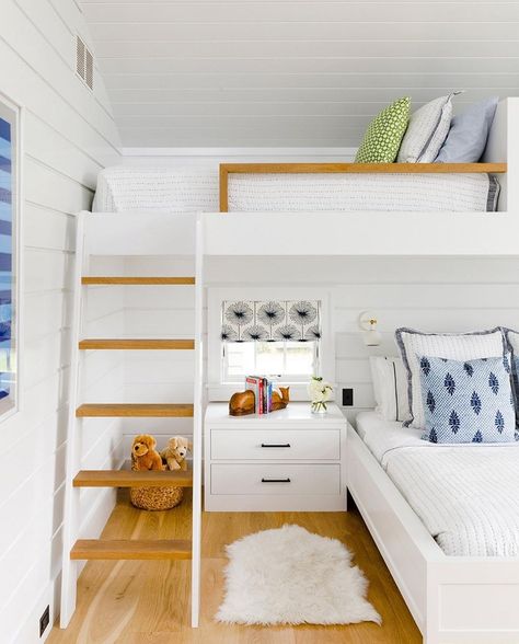 Style Me Pretty Living on Instagram: “Bunk bed season is coming 😍 design: @allisonbabcock 📸: @mkisiday from: @dominomag” Nantucket Interior Design, Full Beds, Nantucket Cottage, Nantucket Home, Tall Shelves, Style Me Pretty Living, White Sectional, Bunk Rooms, Bunk Bed Designs