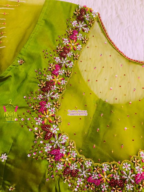 Heavy Maggam Work Blouse Designs Latest, Traditional Saree Blouse Designs, Baby Lehenga, Magam Work Designs, Maggam Blouses, Prabha Blouses, Silk Saree Blouse Designs Patterns, Netted Blouse Designs, Blouse Works