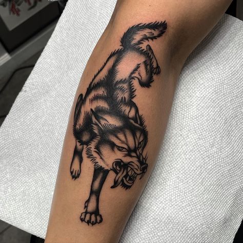 Trad Wolf Tattoo, Wolf Types, American Traditional Animals, American Traditional Wolf Tattoo, Traditional Fox Tattoo, American Traditional Cat Tattoo, Traditional Wolf Tattoo, Logan Tattoo, Wolf Tattoo Traditional