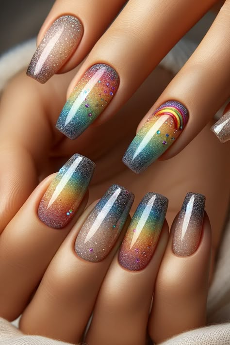 37 Dazzling Rainbow Nails to Brighten Your Day! White And Rainbow Nails, Minimalist Nails Halloween, Nail Inspo Rainbow, Trendy Nails Halloween, Summer Rainbow Nails, Minimalist Christmas Nails, Short Nails Trendy, New Years Nails Acrylic, Trending Nail Ideas