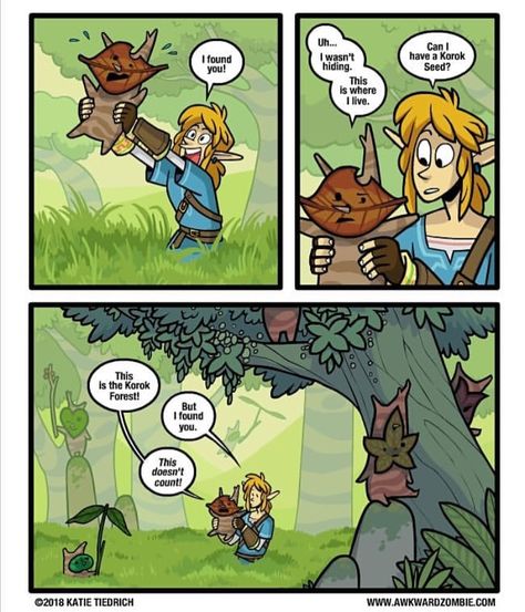 Legend of Zelda Breath of the Wild inspired comic art > Link finds the Koroks > Korok Seed > botw humor | by Katie Tiedrich Awkward Zombie, Princesa Zelda, Legend Of Zelda Memes, Zelda Funny, Link Zelda, Zelda Art, Legend Of Zelda Breath, Zelda Breath, Twilight Princess