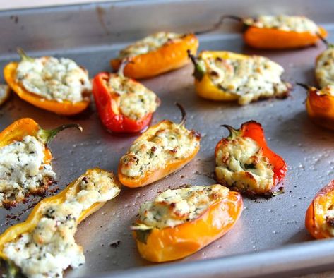 Mini Peppers, Mini Sweet Peppers, Make Ahead Appetizers, Grilled Peppers, Goat Cheese Recipes, Cheese Stuffed Peppers, Stuffed Mini Peppers, Sweet Peppers, Cheese Stuffed