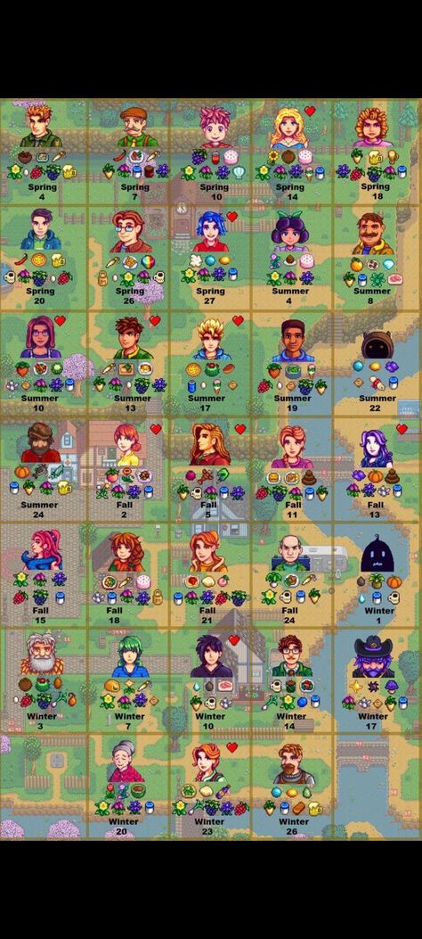 Gifts, stardew, love Stardew Valley Clothes Guide, Stardew Valley Outfit Ideas, How To Dye Clothes, Valley Outfit, Clothes Guide, Stardew Farms, Dye Clothes, Stardew Valley Tips, Stardew Valley Layout