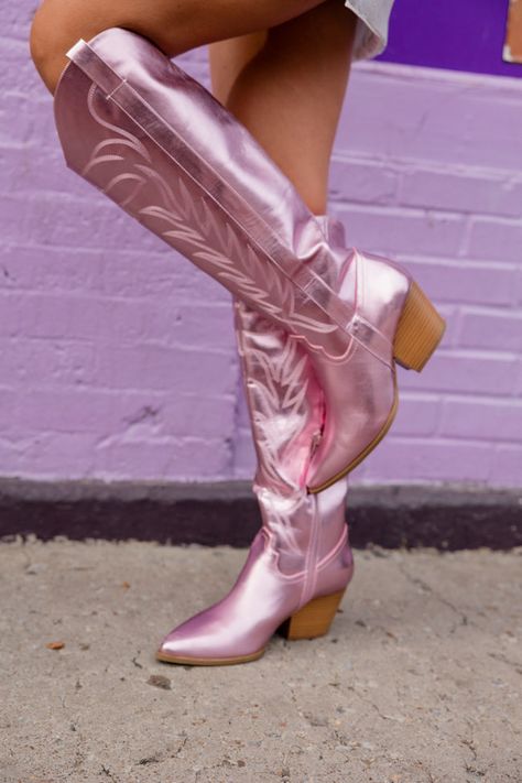 Shania Metallic Pink Cowboy Boot Mini Skirt And Sweater, Pink Cowboy Boot, Eras Outfit, Skirt And Sweater, Pink Cowboy Boots, Cocktail Dress Wedding Guest, Pink Cowboy, Midi Bridesmaid Dress, Return Labels