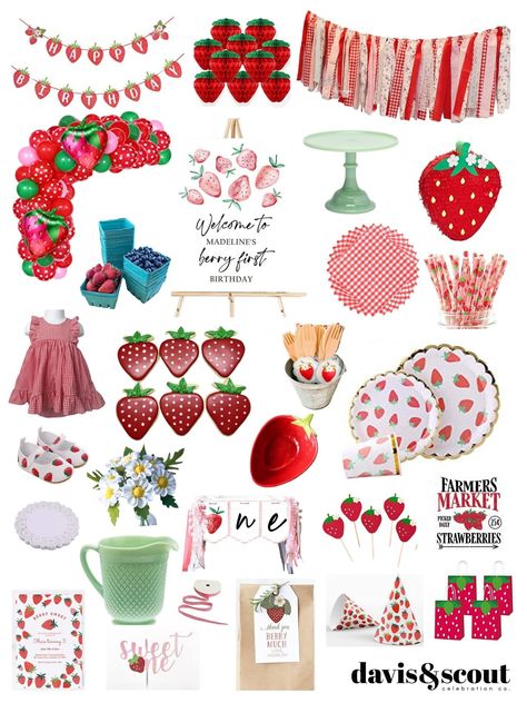 Strawberry Themed Party, Dreamy Birthday, Strawberry Picnic, Baby First Birthday Themes, Strawberry Decor, Theme First Birthday, Strawberry Shortcake Birthday, Strawberry Shortcake Party, Strawberry Decorations