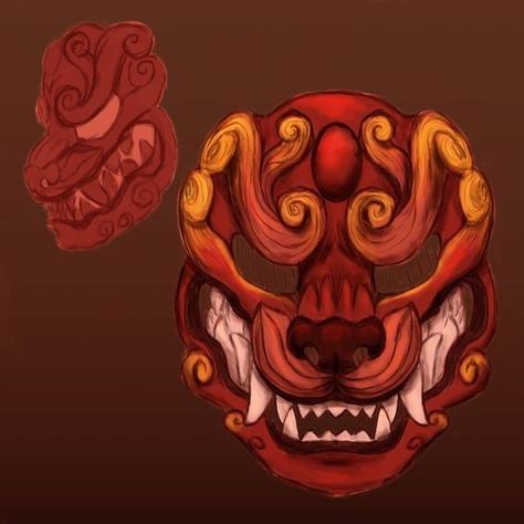 Chinese Mask Art, Dragon Mask Drawing, Komainu Art, Komainu Mask, Mask Drawing Reference, Chinese Dragon Mask, Dragon Masks, Mascara Hannya, Mask Reference