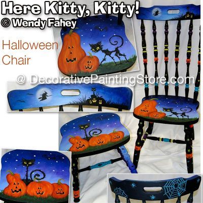 Painted High Chairs, Halloween Chair, Decoupage Chair, Painted Kids Chairs, Chair Painting, Here Kitty Kitty, Scrap Wood Crafts, Purple Paint, Halloween Scene