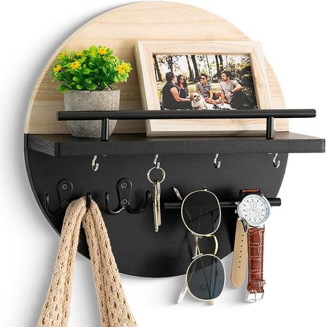 Amazon.com: dreampossible Key Holder for Wall Decorative with Shelf and Hooks, Mail Organizer Wall Mount, Circular Design Entryway Key Rack Hanger, Rustic Home Decor Boho Wall Decor (Black) : Home & Kitchen Mail Organizer Wall, Mail And Key Holder, Key Holder For Wall, Sunglasses Holder, Entry Way Design, Wall Key Holder, Key Rack, Organization Decor, Key Hanger