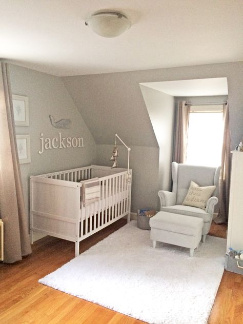 Ikea Sundvik Crib, Sundvik Crib, Ikea Baby Nursery, Ikea Sundvik, White Baby Cribs, Ikea Strandmon, Ikea Baby, Grey Nursery Boy, Chair And Footstool