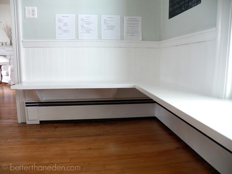 The Floating Built-In Kitchen Bench - Mary Haseltine Built In Kitchen Seating, Built In Kitchen Bench, Nook Bench, Bench Seating Kitchen, Banquette Seating In Kitchen, Kitchen Table Bench, Baseboard Heating, Kitchen Table Makeover, Kitchen Banquette