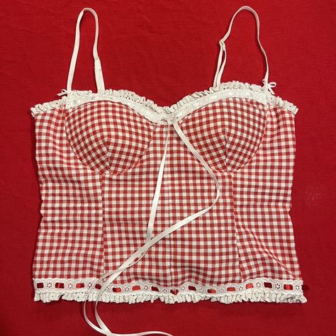 Handmade Red Gingham Corset Top ❤️🥀 ♥︎Bust padding... - Depop Gingham Corset Top, Red Gingham Top, Gingham Corset, Gingham Top, Gold Mine, Music Fest, Gingham Tops, Style Upgrade, Red Gingham