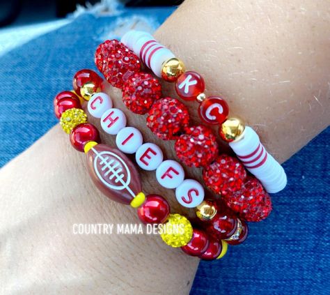 This is a 4 piece stack of BLING Football strand with KC and Chiefs plus the BLING Beaded strand. Stunning and Bejeweled! Kc Chiefs Beaded Bracelet, Kc Chiefs Bracelet, Chiefs Bracelet, Kansas City Chiefs Jewelry, Fun And Easy Diys, Fun Drawings, Swift Bracelets, Football Jewelry, Jewelry Pictures