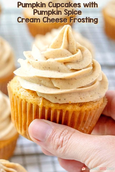 Pumpkin Cupcakes with Pumpkin Spice Cream Cheese Frosting - Full of pumpkin flavor and perfect for Fall baking! Pumpkin Cream Cheese Cupcake Recipes, Pumpkin Frosting Cream Cheese, Cream Cheese Frosting For Pumpkin Muffin, Pumpkin Flavored Cupcakes, Pumpkin Cream Cheese Frosting Recipe, Pumpkin Cream Cheese Frosting, Pumpkin Cream Cheese Cupcakes, Pumpkin Cupcakes With Cream Cheese Icing, Mm Cupcakes