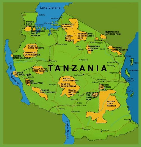 Tanzania national parks map Tanzania Map, Tanzania National Parks, Zanzibar Beaches, Lake Tanganyika, Safari Photo, Word Map, Geography Map, Tanzania Africa, Satellite Maps