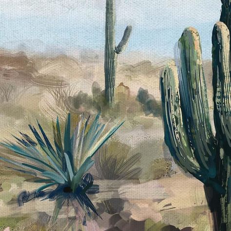 Name Art Projects, Cacti Plants, Painted Earth, Agave Plants, Cactus Paintings, Masterpiece Art, Desert Print, Bright Blue Sky, Scene Painting