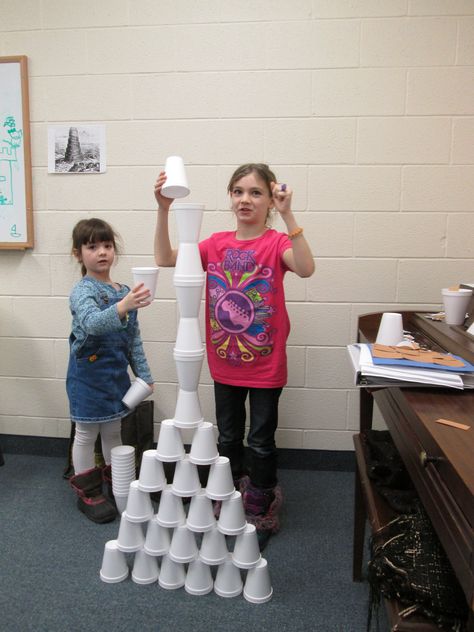 Tower of Babel: Building a Cup Tower Babel Tower, Sunday School Projects, Sunday School Games, Children's Church Crafts, Bible Activities For Kids, Bible Story Crafts, Sunday School Kids, Preschool Bible, Tower Of Babel