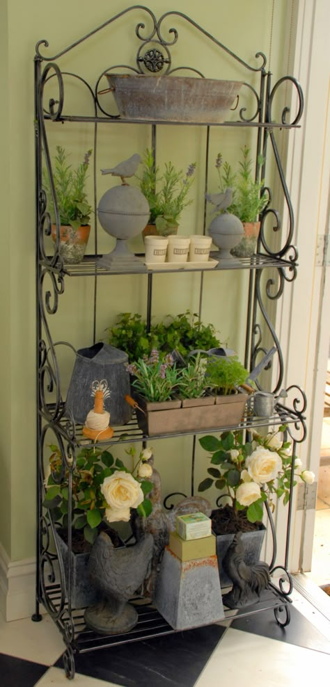 Garden Pot Stand Ideas, Plant Pot Display, Porch Shelf Ideas, Plant Display Outdoor, Bakers Rack Plant Stand, Outdoor Shelf Decor, Outdoor Bakers Rack, Wrought Iron Shelf, Bakers Racks