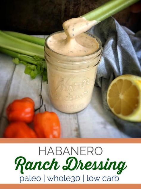 This spicy habanero ranch dressing made with fresh cilantro doubles as a dip and puts a kick into any salad or chicken wing obsession. #paleo #whole30 #keto Habanero Ranch, Paleo Dressing, Habanero Recipes, Hot Pepper Recipes, Paleo Condiments, Paleo Sauces, Ranch Dressing Recipe, Keto Diets, Hot Sauce Recipes