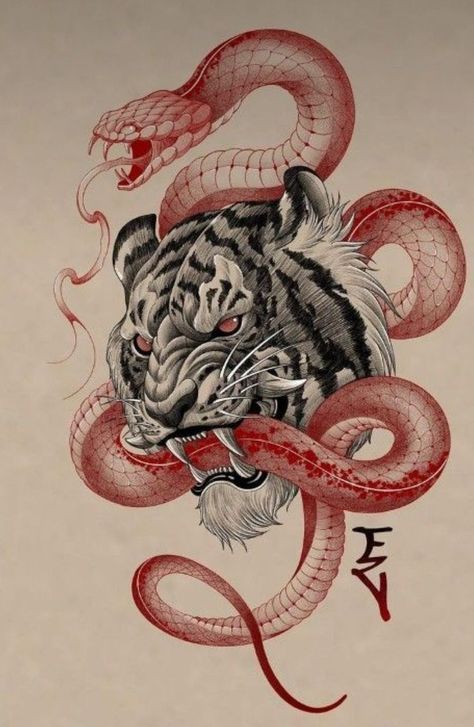 Rabbit And Tiger Tattoo, Japanese Tiger Art Tattoo Designs, Tiger Spine Tattoo Women, Chinese Tiger Tattoo For Women, Fire Tiger Tattoo, Tatts Aesthetic, Unique Tiger Tattoo, Tiger And Snake Tattoo, Tiger Snake Tattoo