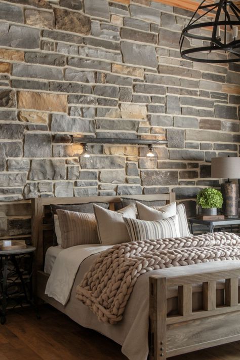 15 Bold and Beautiful Accent Walls for Every Bedroom Style Barnwood Feature Wall, Bedrooms With Shiplap Accent Wall, Textured Wall Behind Bed, Stone Wall In Bedroom, Brick Wall Behind Bed, Stone Accent Wall Bedroom, Bedrooms With Accent Walls, Brick Wall Bedroom Ideas, Wood Accent Wall Bedroom