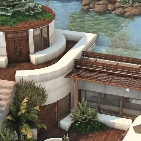 Sims 4 House On Water, Sims 4 Fountain View Penthouse, Fountain View Penthouse Sims 4 Floorplan, Bloxburg House On Water, Sims 4 Public Pool Ideas, Sims 4 Round House, Sims 4 Resort, Penthouse Sims 4, Sims4 Inspiration