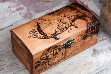 Totoro Engraved Jewellery Box Wooden Box Crafts, Wooden Box Packaging, Engraved Jewelry Box, Engraved Wooden Boxes, Memory Boxes, Painted Wooden Boxes, My Neighbor Totoro, Painted Boxes, Wood Gifts