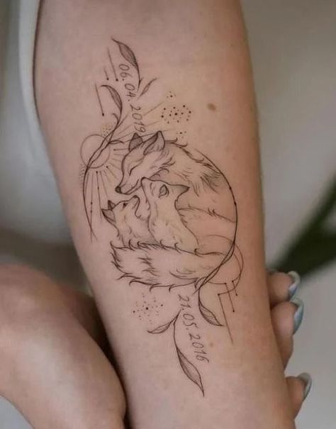 Mother And Daughter Animal Tattoos, Women Fox Tattoo, Family Tattoos Animals, Momma Bear And Cubs Tattoo For Women, Mom Tattoos That Can Be Added To, Fox And Cubs Tattoo, Wolf Tattoo With Cubs, Fox In Flowers Tattoo, Mom With Two Daughters Tattoo