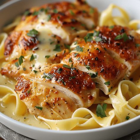 Chicken with Buttered Noodles is a comforting and simple dish that combines tender chicken pieces with buttery, garlicky noodles. This meal is perfect for busy weeknights, offering a delicious and ... Learn more Egg Noodles Chicken Recipes, Recipes With Noodles And Chicken, Kitchen Gulp Recipes, Chicken With Buttered Noodles Ina Garten, Chicken Over Noodles Recipes, Grilled Chicken And Noodles, Hello Fresh Bowls, Chicken Butter Noodles, Chicken Breast And Noodles Recipe