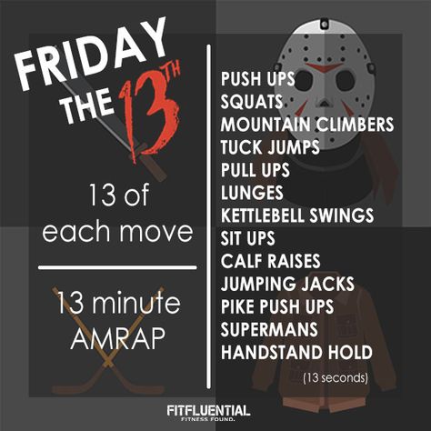 Friday the 13th AMRAP workout Halloween Workout, Amrap Workout, Burn Fat Quick, Holiday Workout, Boot Camp Workout, Cardio Workouts, Workout Log, Friday Workout, Printable Workouts