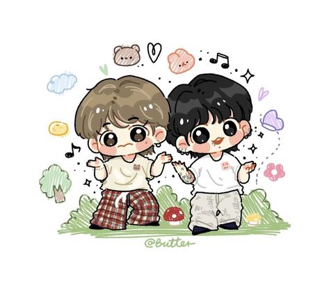 Taekook Chibi, Mini Chibi, Taekook Art, Bts Fan Art, Tinytan Jungkook, Jungkook Chibi, Chibi Jungkook, Taekook Cartoon, Cookie Bt21