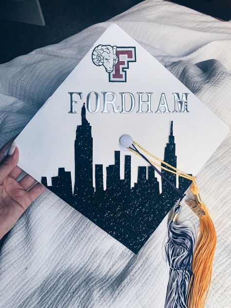 grad cap decoration, cute grad cap, college in nyc, skyline, decorated grad cap, fordham, rose hill, high school graduation, fordham university aesthetic, fordham Graduation Cap Designs College Logo, Nyc Graduation Cap, Architecture Graduation Cap, Graduation Cap Designs Architecture, Nyc Grad Cap, Nyu Grad Cap, In The Heights Graduation Cap, Unc Chapel Hill Grad Cap, Fordham University Aesthetic